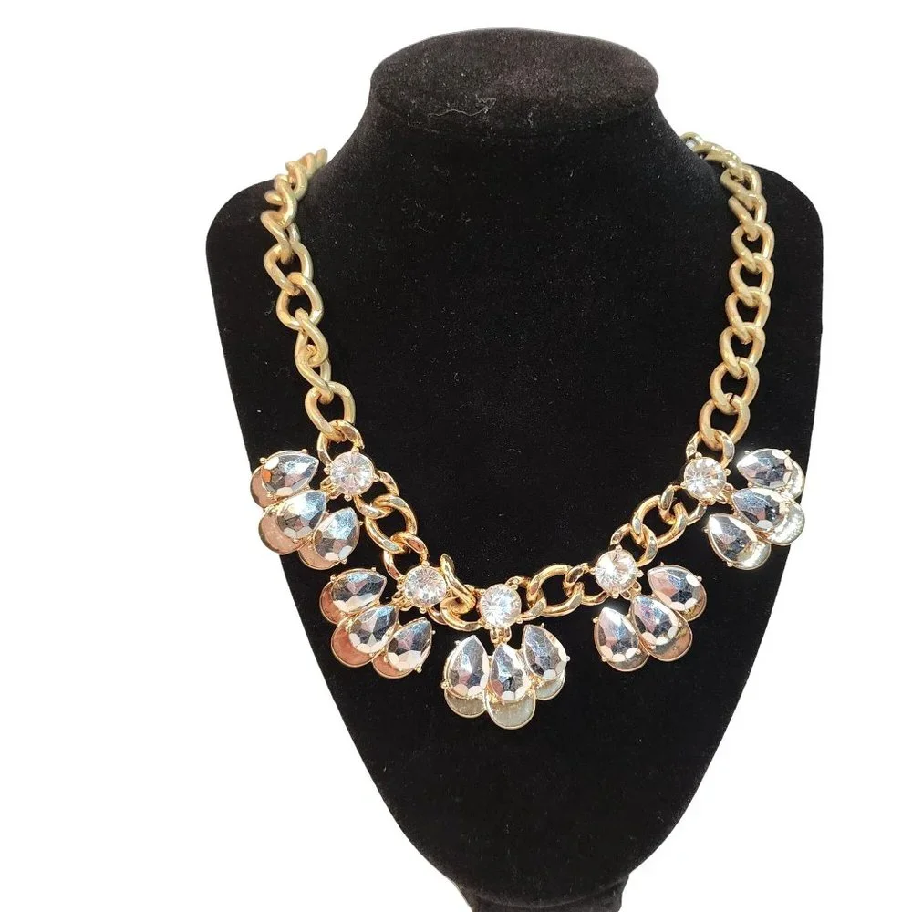 Gold Chunky Link Statement Necklace‎ Five Stone Accents